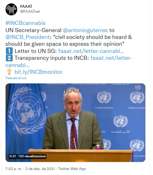 Nacions Unides ha donat una primera resposta a la Junta Internacional de Fiscalització d'Estupefaents (INCB):  ‘La societat civil ha de ser escoltada i ha de tenir espai per expressar la seva opinió’